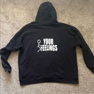 Black Zip-Up Hoodie with White Flag Skull Graphic, F Your Feelings on back